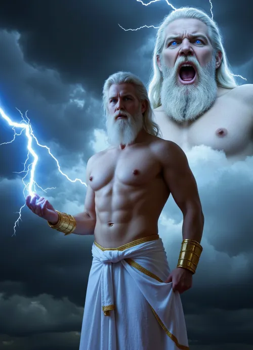 (epic shot:1.2), of, (Zeus, god of lightning, god of thunder, greek mythology:1.3), holding a, (glowing vivid blue lightning bolt:1.5), in his hand, (muscular male:1.1), (intense expression:1.2), (glowing blue eyes:1.3), white flowing beard and hair, (white toga with gold trim:1.1), gold cuffs, gold greaves, standing against a, (dark stormy sky with lightning:1.2), . In the background, a, (spectral, larger image of screaming Zeus:1.1), emerges from the clouds, with fierce blue eyes and open mouth, surrounded by lightning, (dark clouds, atmospheric storm), (dramatic lighting:1.2), volumetric light, high contrast, rim lighting, (digital painting:1.3), complex details, highly detailed, sharp focus, octane render