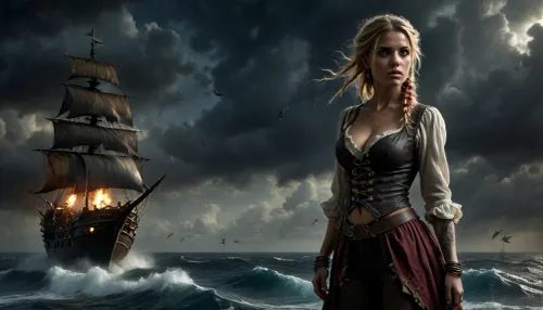 14 century, full body view of a solo beautiful 19 years old flat-chested slender female pirate being on pirate sailing ship, (working on wooden pirate sailing ship:1.6), blonde dreadlocks, wears highly detailed typical pirate clothing from the 14th century, a headscarf under the pirate hat, open dirty cotton shirt, red vest with embroidery, coarse brown rolled-up trousers, bare midriff, brown leather boots, large earrings, full-body tattoos, holds pirate saber, black storm clouds, surprised, she looks up at a huge round and illuminated spaceship which flys far away through the clouds, (highly detailed Spaceship flies above the ocean:1.6), surreal situation, burning pirate sailing ship in background, photorealistic, cloudy, smoke, atmospheric, clouds, fog, <lora:Super_Eye_Detailer_By_Stable_Yogi_SDPD0:.4>, <lora:BUT_SDXL_SHS:.4>, <lora:888698_training_data:1.2>, <lora:dark:.1>, <lora:Cloudy_Style:.7>