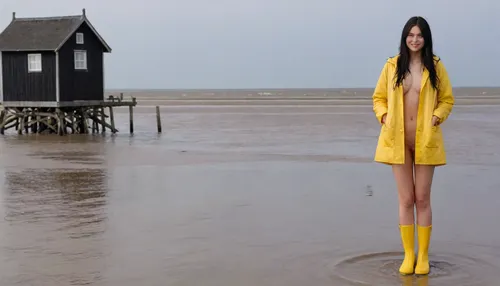 One 20 yo Japanese women Show pussy, standing in the Wadden Sea of Sankt Peter-Ording, smiling nasty, wear an open yellow raincoat and yellow rubber boots, (open the raincoat and show pussy and tits), long black hair, Pile dwellings and stilt housesin the background, ultra realistic, photo realistic, 8k quality, beautiful face, perfect face, masterpiece, shirtspread, godpussy, <lora:shirtspreadv10_SDXL:2>, <lora:SDXL_GodPussy_v1:2>