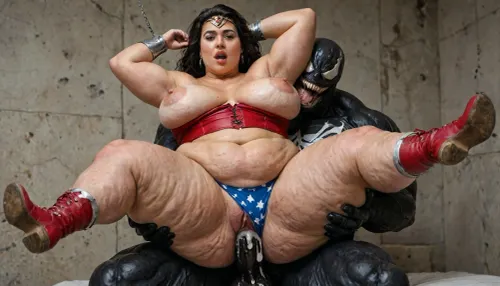 tall, extreme hyper fat, obese, fattened, (cellulite:1.4), ssbbw wonder woman from dc comics, 45 years old, black hair, gorgeus voluptuos, heavy overweight, wobbly, chubby body oiled sweaty, tanned line, stretch marks rounded breast with huge pink erected nipples, rounded big fat ass, shaved cunt, waist, thick thigs, gorgeus fat double chin face with freckles, full lips, expresin, wearing her classic costume, tiara, red opened corset, (show big fat rolls belly), panties with stars-pulling down, red boots, tits and cunt exposed, bite lips, groped by muscular venom monster from marvel comics, (same size like extreme fat ssbbw wonder woman !!), muscular venom monster gropes wonder woman in different position, heart bubbles, pulling head back, arms chained above the head, open wide mouth, she has captured and put on matress, rough sex, wonder woman groped and fingered by venom, monster, creampie, <lora:detailed_notrigger:2>, <lora:add-detail-xl:.8>, <lora:LCMTurboMix_Euler_A_fix:.8>, <lora:677862_training_data:.8>, woman much more fat-ssbbw !!!
close up