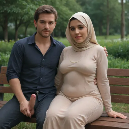 Scene of one woman and one man

Woman, dark skin, wears hijab, long dress, (chubby:1.5), mature, ((50 years old)), wrinkles on skin, sits on bench, smiles seductively Man, blonde, 20 years old, skinny, open pants, penis erected, sitting on bench next to woman

Scene, a bench in a park, she holds his dick