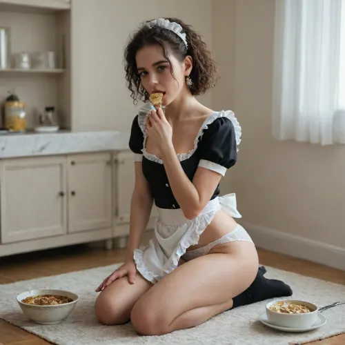 A young woman of about 19 years old, dressed as a maid, is kneeling with her butt raised high, revealing that she is not wearing panties and is eating from a bowl