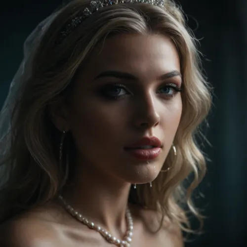 Photorealistic action_shot, shot on Fujicolor pro 400H, 1/4000s, f/1.4, UHD, award winning cinematic artwork, ((closeup Macrophotography, facial sideview portrait of a 19yo aristocratic classy bride)), ((highly erotic supermodel)), ((posh bridal headdress, fishnet veil)), naked torso, golden hoop earrings, pearl necklace, ((explicit nudity)), high awarded erotic supermodel, ((ultimate realistic details)), ((professional makeup, professional hairdo)), long platinum blonde hair with metallic silvery shine, ((marilyn monroe style perm wave)), wavy hair frames the harmonic oval shaped face with defined cheekbones, fevered rosy blush on cheeks, (thin fine-lined eyebrows, clearly defined mascara kohl eyeliner and very long curved lush_lashes:1.2), full lips of a bold red tone, thick red lipstick shiny moisturized by transparent wet gloss, ((fully round lips:1.3)), upper lip is slightly thinner than the lower, lower lip protrude and fully round, half opened mouth, ((cum on mouth, drooling cum)), alluring gaze, sensual, 80mm macro lens, (close depth of field), ((very bright dramatic vivid front_light:1.4)), ((blurred background, foggy air)), ((plain azure blue background:1.2)), supermodel, face, big, lips, <lora:attractive_notrigger:2>, <lora:SDXLFaeTastic2400:2>, <lora:Beautify-Supermodel-SDXL:1.2>, <lora:dark:.1>