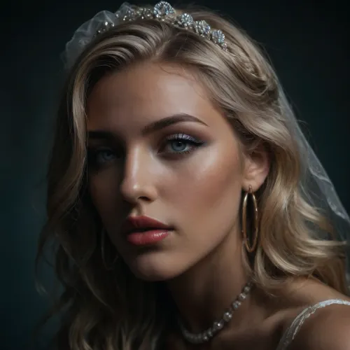 Photorealistic action_shot, shot on Fujicolor pro 400H, 1/4000s, f/1.4, UHD, award winning cinematic artwork, ((closeup Macrophotography, facial sideview portrait of a 19yo aristocratic classy bride)), ((highly erotic supermodel)), ((posh bridal headdress, fishnet veil)), naked torso, golden hoop earrings, pearl necklace, ((explicit nudity)), high awarded erotic supermodel, ((ultimate realistic details)), ((professional makeup, professional hairdo)), long platinum blonde hair with metallic silvery shine, ((marilyn monroe style perm wave)), wavy hair frames the harmonic oval shaped face with defined cheekbones, fevered rosy blush on cheeks, (thin fine-lined eyebrows, clearly defined mascara kohl eyeliner and very long curved lush_lashes:1.2), full lips of a bold red tone, thick red lipstick shiny moisturized by transparent wet gloss, ((fully round lips:1.3)), upper lip is slightly thinner than the lower, lower lip protrude and fully round, half opened mouth, alluring gaze, sensual, 80mm macro lens, (close depth of field), ((very bright dramatic vivid front_light:1.4)), ((blurred background, foggy air)), ((plain azure blue background:1.2)), supermodel, face, big, lips, <lora:attractive_notrigger:2>, <lora:SDXLFaeTastic2400:2>, <lora:Beautify-Supermodel-SDXL:1.2>, <lora:dark:.1>