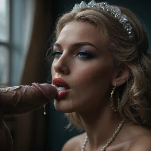 Photorealistic action_shot, shot on Fujicolor pro 400H, 1/4000s, f/1.4, UHD, award winning cinematic artwork, ((closeup Macrophotography, facial sideview portrait of a 19yo aristocratic classy bride)), ((highly erotic supermodel)), ((posh bridal headdress, fishnet veil)), naked torso, golden hoop earrings, pearl necklace, ((explicit nudity)), high awarded erotic supermodel, ((ultimate realistic details)), ((professional makeup, professional hairdo)), long platinum blonde hair with metallic silvery shine, ((marilyn monroe style perm wave)), wavy hair frames the harmonic oval shaped face with defined cheekbones, fevered rosy blush on cheeks, (thin fine-lined eyebrows, clearly defined mascara kohl eyeliner and very long curved lush_lashes:1.2), full lips of a bold red tone, thick red lipstick shiny moisturized by transparent wet gloss, ((fully round lips:1.3)), upper lip is slightly thinner than the lower, lower lip protrude and fully round, half opened mouth, ((cum on mouth, drooling cum)), ((kissing 1 huge veiny erected penis:1.1)), alluring gaze, sensual, 80mm macro lens, (close depth of field), ((very bright dramatic vivid front_light:1.4)), ((blurred background, foggy air)), ((plain azure blue background:1.2)), supermodel, face, big, lips, <lora:attractive_notrigger:2>, <lora:SDXLFaeTastic2400:2>, <lora:Beautify-Supermodel-SDXL:1.2>, <lora:dark:.1>