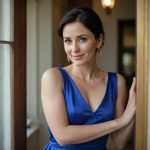 view on window with "love U" written on it and heart drawed on that window. Beside the window a 40 years old woman, no makeup, short black hair, blue eyes, smiling, dressed with silk dress, large gold loop earrings