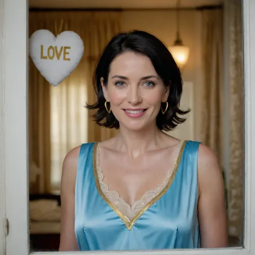 view on window with "love U" written on that window and heart drawed on that window. Beside the window, full view of 40 years old woman, no makeup, short black hair, blue eyes, smiling, dressed with silk nightgown, large gold loop earrings