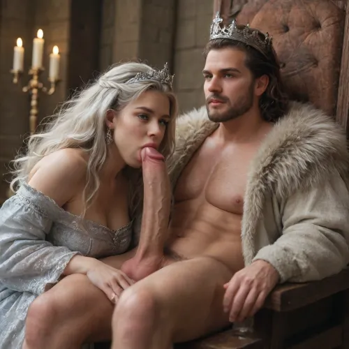 (Man seated in the throne, beautyful face man, strong muscle man, big haired dick, silver crown), (Two woman, poor woman, beautyful face woman, medium breast), medieval castle, dark ambient, candle light, medieval, medium breast, BLOWJOB