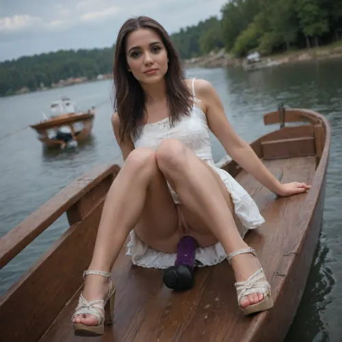 anal dildo, Photorealistic, wide angle, muscular legs, high-heeled woven sandals with laces, full body view, long brunette hair with a fringe, Cute girl, straight long hair, sits in a boat, river, shows upskirt pussy, Stable-Yogis-Makeup-Enhancer-XL, wearing, deep_v-neck_dress, cut-out, dress, <lora:BT_Front_Cut-Out_Dress_XL:.7>