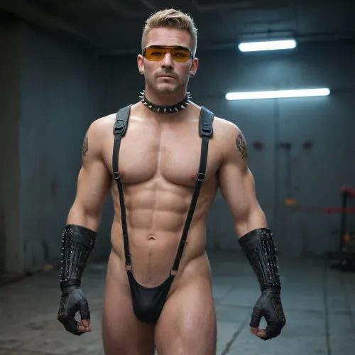 Muscular Hunks with spiked collar in tight thong and suspenders, cybernetic goggles visor, digital heart, dark room neon bar, blonde buzzcut hair guy, very pale skin, freckles, shoulder length hair, thick beard, golden beard beard, golden eyebrows, golden sideburns, grumpy blushed, male only, metal arm, natural body hair, hairy legs, hairy chest, glowing tattoos, handsome eyes, perfect eyes, metal piercings, robotic arm, leather straps, realistic lighting, 4k quality, high-resolution, masterpiece, action shot, photorealistic, action pose, skinny lean slender body
