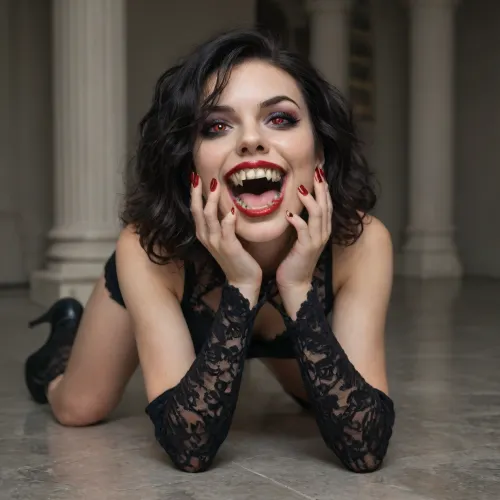 Full Body Image of Sexy beautiful female vampire Lady, in black Goth clothing, smiling seductively, showing long canine teeth, (vampire teeth:1.5), high-heeled shoes, Perfect, Fangs, fangs, sharp, teeth, fang, <lora:Unfazed vampire - XL SDXL V1.0:.8>