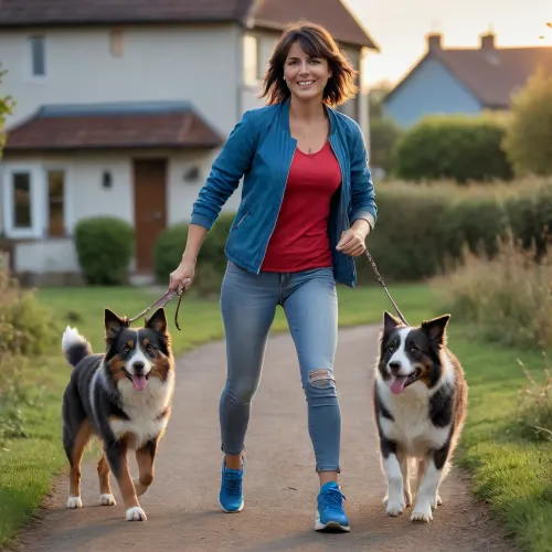 cinematic view of full body of one woman 40 year old, (dark hair, medium-length bob with bangs), woman is playing with her dog on country lane, weather is sunset in summer, litle smiling or laughing, brune with litle Highlights in hair, large breast, generous breast, wear open detailed sport jacket, detailed, detailed shirt few red and blue, detailed long sport short black and litle blue, large circle earring, no makeup, perfect smokey eye, large necklace, running shoes, engagement ring, alliance, Wedding ring, in front of small french house, The woman run gracefully with dog Australian Shepherd, perfect lips, 8k, back view, perfect fingers, HDR photo, best quality, ultra-detailed, masterpiece, finely detail, highres, 8k wallpaper, photorealistic, perfect illumination, best shadow, best shot, soft lighting, bhands, little hands, perfect eyes, Raw photo, 8k uhd, high quality, high resolution, professional photography, photorealism, realistic 4k epic detail, shot on kodak, 35mm photo, sharp focus, high budget, cinemascope, moody, epic, gorgeous, film grain, grainy, score_9, score_8_up, score_7_up, rating, explicit