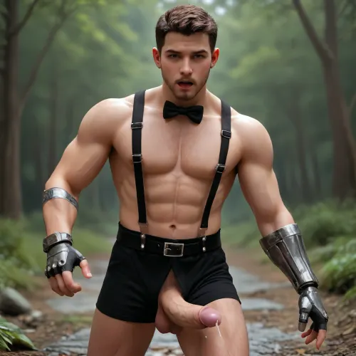 muscular beard guy in suspenders and bow tie, face covered in excessive cum, open mouth shocked and surprised, pointing, sideview legs, male only, gay hunk, metal arm, natural body hair, hairy legs, hairy chest, glowing tattoos, handsome eyes, perfect eyes, metal piercings, robotic arm, leather straps, realistic lighting, 4k quality, high-resolution, masterpiece, action shot, photorealistic, action pose, skinny lean slender body, penis, cum, on, face, ɳɨȼƙɉøɳɐʂ, <lora:add-detail-xl:1.1>, <lora:xpenis-1.5e:1.1>, <lora:Men'sFacialV3.8:.6>, <lora:nickjonas-ɳɨȼƙɉøɳɐʂ-xl_9000_lora_f32:1.7>