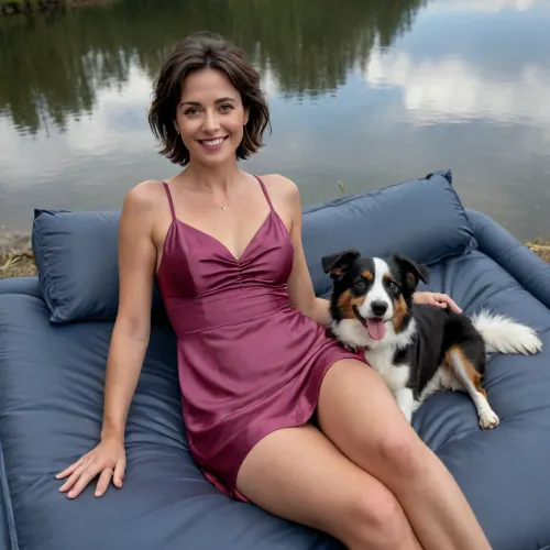 cinematic view of full body woman 40 year old, woman is brune hair, short hair, in front of AIRBED outside, betwin lake and forrest, litle smiling or laughing, detailed satin dress, detailed skin, large circle earring, no makeup, perfect smokey eye, large necklace, engagement ring, alliance, Wedding ring, Australian Shepherd dog is sleeping on carpet, perfect lips, 8k, perfect fingers, HDR photo, best quality, ultra-detailed, masterpiece, finely detail, highres, 8k wallpaper, photorealistic, perfect illumination, best shadow, best shot, soft lighting, bhands, little hands, perfect eyes, Raw photo, 8k uhd, high quality, high resolution, professional photography, photorealism, realistic 4k epic detail, shot on kodak, 35mm photo, sharp focus, high budget, cinemascope, moody, epic, gorgeous, film grain, grainy, score_9, score_8_up, score_7_up, rating, explicit, view full body