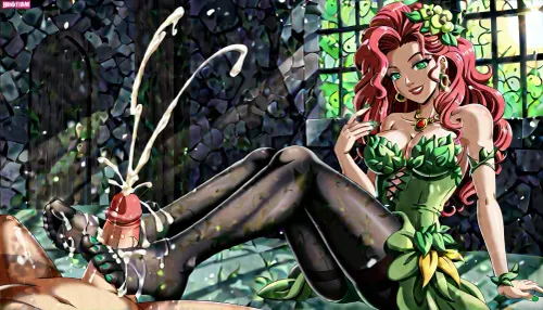 (HDRI 8K, masterpiece, ultra quality, ultra details, anime style, ultra sharp), (perfect hands with five fingers), (perfect feet with five toes), (late evening time:1.3), (in a dungeon with torture tools), beautiful smiling 26yo Poison Ivy, Poison Ivy outfit, black pantyhose, mint-green painted nails, woman gives Joker from DC Comics a footjob, pov from side, Joker's face visible and ectatic, huge cumshot on feet, sunlight_str1, RealNylonFeets, olz_pantyhose1, feet, <lora:sunlight_str1-SDXL_v1-dim64-steps1691:.8>, <lora:RealNylonFeets_XL:1.3>, <lora:dark:.5>, <lora:Open_crotch_pantyhose_SDXL_r1:1.3>, <lora:RealFeet_xl_v1:1.2>