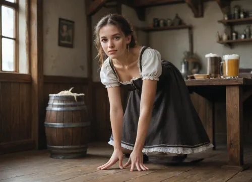 Girl 22 years old, full Body View, Front View, bent over, clothed, bavarian, Dirndl, beer fest