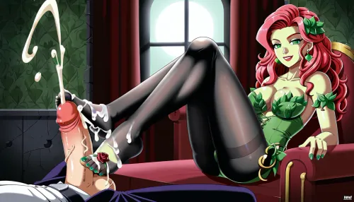 (HDRI 8K, masterpiece, ultra quality, ultra details, anime style, ultra sharp), (perfect hands with five fingers), (perfect feet with five toes), (late evening time:1.3), (in a dungeon with torture tools), beautiful smiling 26yo Poison Ivy, Poison Ivy outfit, black pantyhose, mint-green painted nails, woman gives Joker from DC Comics a footjob, pov from side, Joker's face visible and ectatic, huge cumshot on feet, sunlight_str1, RealNylonFeets, olz_pantyhose1, feet, <lora:sunlight_str1-SDXL_v1-dim64-steps1691:.8>, <lora:RealNylonFeets_XL:1.3>, <lora:dark:.5>, <lora:Open_crotch_pantyhose_SDXL_r1:1.3>, <lora:RealFeet_xl_v1:1.2>