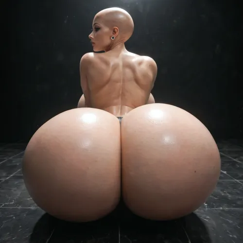 masterpiece, sexy robot doll, android, sexbot, bald robot cyberpunk, shiny chrome parts, cybernetic body, whide hips, ((massive ass:1.1)), ((massive breasts:.9)), thin waist, dark eyes, vacant look, medium view, eyes open, looking at the viewer, thick, wide hips, black room, (huge breasts:1), (massive ass:1.2), (wide_hips), solo_focus, sensual, seductive, parted lips, ((looking forward, VIEW FROM BEHIND)), four on the floor, all_fours, ass towards the viewer, ass up, black background., <lora:Allisfulloflove1024:1.4>