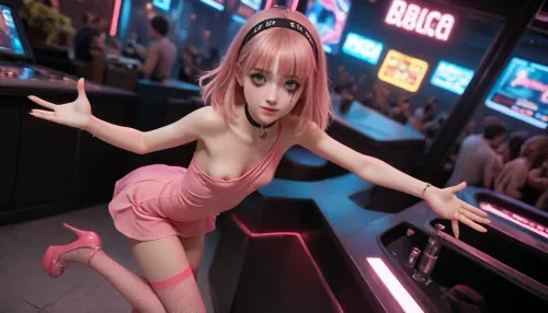 (cute Russian girl dances energetically in a nightclub with her arms raised), (pink mini dress with a large fishnet), (one breast is peeking out from under the dress), (no panties), (bright makeup on her face), (pink fishnet stockings up to mid-thigh), (disproportionately huge high-heeled shoes with a high platform), (small nose, huge eyes half-closed, Russian, medium-length pink hair covers half of her face), thin, slender, petite, big head, small breasts, narrow hips, joy, happiness, fun, delight, (skinny long legs), (vagina is barely visible), bangs cover one eye, view from above, disco, nightclub, bright lights, cyberpunk, illumination, neon lights, energetic pose, choker on her neck, (headband with pink ears on her head), (hips swinging from side to side), (beautiful hands), (beautiful fingers)