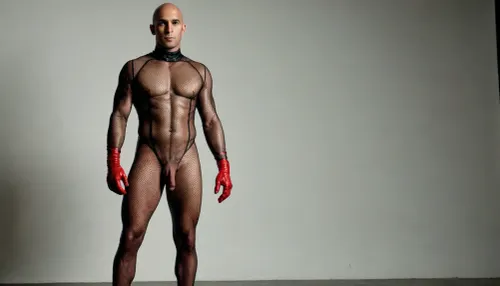 a Indian 30 year old BALD man with a erect big penis, posing sexy in crotchless fishnet full bodysuit, standing, wearing latex long gloves, holding his own big penis, <lora:xpenis-1.5e:1>, full body view, 24k