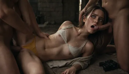 extremely realistic, 18 y/o American woman, ashamed facial expression, standing, (scared, pain-distorted facial expression), (mouth penetration 1.9), ((extreme flat chested)), cheerleader uniform, white bra straps remain on her, long blonde curl hair, blue eyes, ((sexually assaulted hard by three men)), ((yellow thong is torn in half on her thigh 1.2)), (forced deepthroat), ((anguished expression 1.2)), rough fuck, painful fuck, blindfolded, lots of cum on her face, lots of cum on her breasts, hair pulling, creepy sex dungeon, helpless, bondage, bdsm, view, (((groping & molesting))), (hands tied to ceiling 1.9), erect nipples, bukkake, cum, (one hand groping her breast, other hand fingering her pussy 1.9), camera flash, ((wide eyed)), 3D, Dung30n, stone, walls, torches, chamber, ruins, anger, screaming, angry, (((detailed face))), ((HD face)), men undressing woman, thugs undressing woman, thugs tearing off her lace underwears, clothes torn, panties torn, men tearing off cardigan, tearing off skirt, tearing off panties, pulling down bra, lace bra, men groping her, unbuttoned torn cardigan, pantyhose cutted, low violet bra, show pussy, cumming, cum on face, man taking off her clothes, man takes off her vilet panties, struggling, hairy pussy, escape, hold back clothes, woman pushing men away, taking off torn bra, brutal mouth penetration, brutally undressed, show nipples, Gang bang, lying, on side, <lora:dark:1>, <lora:polyhedron_angry-000006:2>