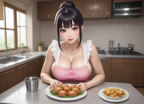 Sexy athletic bimbo chichi sitting at a kitchen table wearing only an apron with large cleavage showing.

Chichi1024, chi-chi, black, hair, bun, bangs, sidelocks, eyes, JPkitchen, kitchen, <lora:Chichi1024:.5>, <lora:Chi_Chi_Diffusion_SD_XL-05:1>, <lora:Shokugeki_food:.3>, <lora:JAPAN_Kitchen_SDXL_V1:.3>