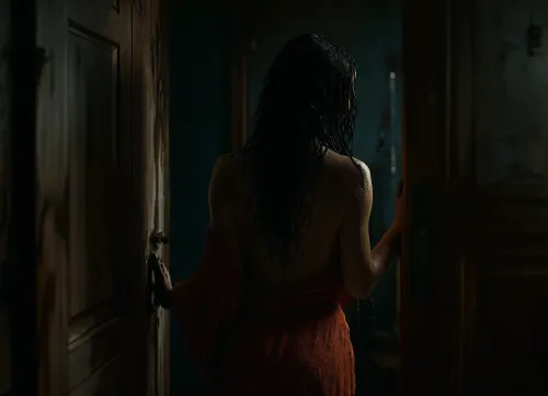 (Rear view:1.9), Apartment, bathroom, shower background, bathroom background, (horny girl), (horny face), black hair, long hair, wet hair, blue eyes, Thick eyebrows, Ruined makeup, Crying, red lips, Thick lips, (Voluptuous body type), wet body, Water on body, (extrime huge tits), Freckles, Moles, Venous pattern on tits, very hairy pussy, Black nails, (standing leaned on the door:1.5), (wear Bathrobe:1), score_9, score_8_up, score_7_up, (<lora:add-detail-xl:.75>:1), (<lora:detailed_notrigger:.75>:1), (<lora:MJ52:.75>:1), (<lora:dark:.35>:.1), (<lora:outline_xl_kohaku_delta_spv5x:1.9>:1)