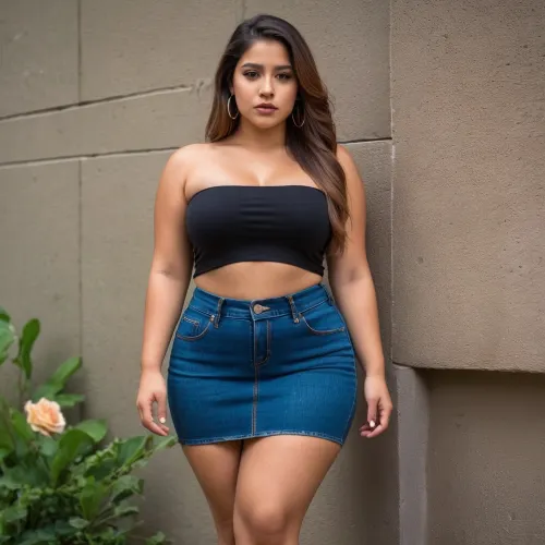 Latina Chubby Girl wearing bodycon jeans skirt