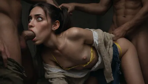 extremely realistic, 18 y/o American woman, ashamed facial expression, standing, (scared, pain-distorted facial expression), ((mouth penetration 1.3)), (forced deepthroating), looking her attacker, ((extreme flat chested)), blue eyes, (pigtails 1.1), ((sexually assaulted hard by three men)), ((yellow thong is torn in half on her thigh 1.2)), (forced deepthroat), ((anguished expression 1.2)), ((wide eyed)), anger, screaming, angry, (((detailed face))), ((HD face)), men undressing woman, thugs undressing woman, thugs tearing off her lace underwear, clothes torn, panties torn, men tearing off cardigan, tearing off skirt, pulling down bra, lace bra, men groping her, unbuttoned torn cardigan, pantyhose cut, low violet bra, show pussy, cumming, cum on face, man taking off her clothes, man takes off her violet panties, struggling, hairy pussy, escape, hold back clothes, woman pushing men away, taking off torn bra, brutal mouth penetration, brutally undressed, show nipples, Gang bang, back view, panties pulled down, lying, on side, <lora:dark:1>, <lora:polyhedron_angry-000006:2>, <lora:469839_training_data:2>