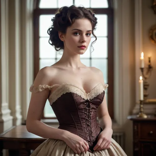 Victorian era woman, 1850s, elegant, pale skin, height 160 cm, hourglass figure with corset, long wavy dark brown hair, styled in an updo with ringlets, wearing a silk dress with lace, natural light, historical realism style, naked big tits, topless