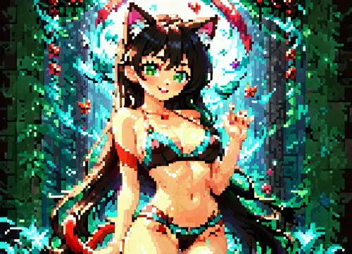 pixel art, pixelart pixel, art, <lora:ratatatat74-000050:1.3>, <lora:outline_xl_kohaku_delta_spv5x:1.8>, <lora:cartoon_stickers_xl_v1:.6>, <lora:NEOTOKIOXL_0.2_RC:.4>, <lora:pixel_stormXL:1>, Catgirl, black hair, straight hair, long hair, very long hair, cheerful, playful, naughty, cute, seductive cheeky, slim, fit body, posing, lingerie