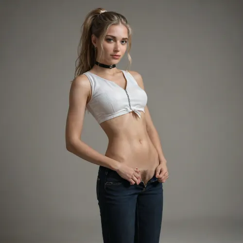 full portrait of woman, ((20 years old)), cheeky smile, high quality, (long blonde straight blonde hair, ponytail), ((athletic fit body, slim body)), (realistic), soft focus, insanely detailed, highest quality, ((tied-front crop top)), midriff, choker, naked waist, Swedish woman, ((unzipped pants, opened pants, shown pubic hair, stripe wax pubic hair, sexy pubic hair, woman hands pulling her pants down))
