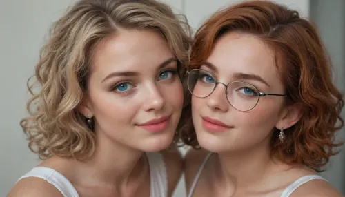 2 twin women, one blonde and the other redhead with blue eyes, with glasses, short, curly hair, staring at the camera in focus from above, with their faces very close to each other, smiling and with a horny face