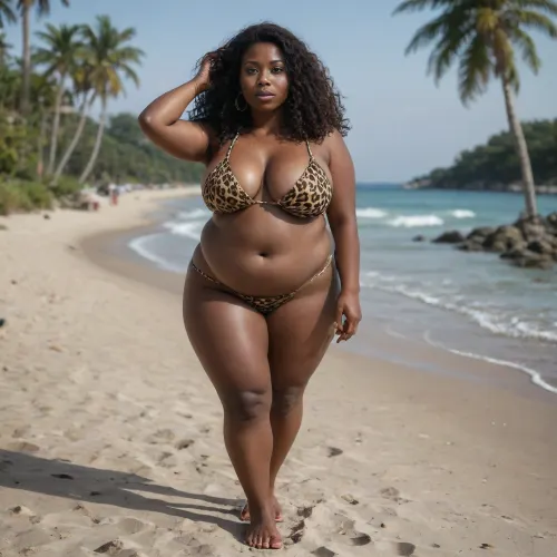full body view, (full body view:1.8), beautiful sexy 20 year old african girl, black skin, (black skin:1.9), chubby, (chubby:1.8), wearing a leopard print bikini, round breasts, no makeup, Brown eyes, smiling, parted lips, (parted lips:1.7), long black hair, curly hair, standing on the beach, raised arm, hand playing with hair, tropical beach in thailand, white sand, palm trees, sunny day, (sunny day:1.8)