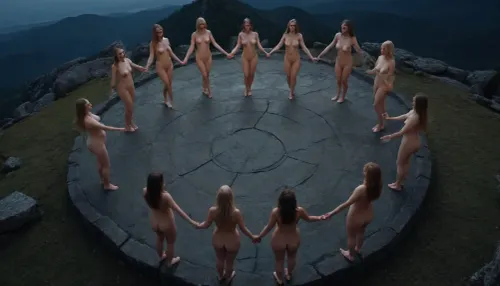 Naked witches dance on a bald mountain around a temple, (a circle of witches holding hands), midnight, HD
View from above