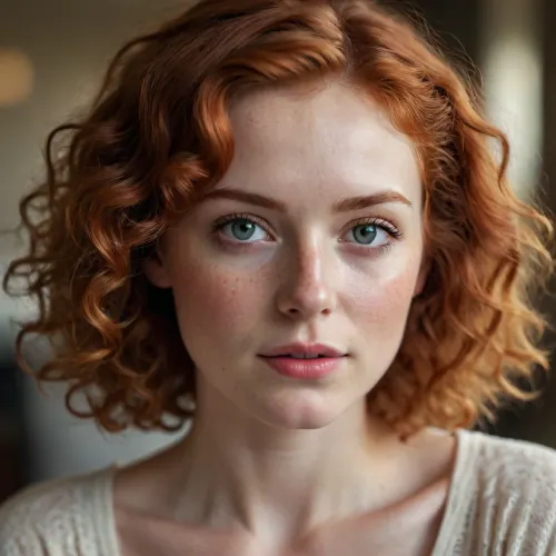 Beautiful delicate face of a woman, fair skin, slightly freckled, delicate nose, small, full mouth, large tender almond-shaped eyes, curly red hair, small ears