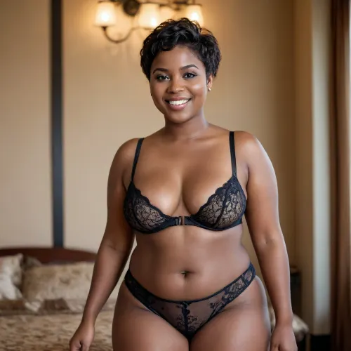 African Woman, beautiful face, smile, young, brown eyes, much chubby, wide hips, Pixie cut, black hair, flat boobs, black skin, large thighs, lingerie stand.