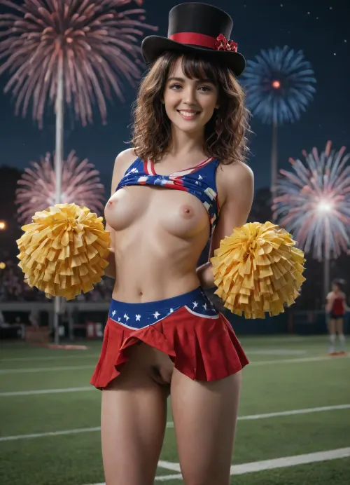 Cinematic, 8K, score_9, score_8_up, score_7_up, score_6_up, (Extremely detailed:1.5), (Highly detailed:1.2), masterpiece, best quality, highly detailed, BREAK, (a gorgeous 25 year old white cheerleader:1.2), sexy pose, many fireworks shoot up from the ground behind her and light up the night sky, (a sweet smile), (American flag cheerleader top lifted revealing breasts), (American flag cheerleader skirt, pussy peak), (wearing a top hat with stars and stripes), light-colored curly hair, (bangs), small, ((very saggy breasts)), full body, pubic hair in a narrow strip, wide hips, perfect nipples, slim, gymnast body, ZipRealism, detailed body, detailxl, the brightest image, photography, (maximum quality:1.5), (high resolution:1.5), (ultra realism:1.5), <lora:add-detail-xl:1.1>, <lora:SDXLHighDetail_v6-000005:1.1>, <lora:RMSDXL_Photo:1>