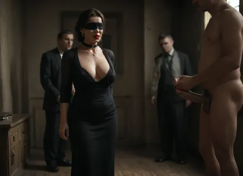 (realistic style), masterpiece, highest quality, ultra detailed, extreme high quality, 8k, uhd, RAW file, high quality textures, (husband handing over his wife to a black man:1.2), (drug lord), (black man with cock waiting), lifting her evening dress, stripping, caress, man in suit, (submissive mature wife exposed standing in the center of the room:1.4), (woman standing hands back waiting orders), worried, sorrow, blindfolded, bdsm, collar, ballgag, muzzle, (british milf:1.3), submissive, (spontaneous face expressions:1.1), naughty, slut, sagging tits, (mafia, in a bad mood, stern look, fat black man:1.3), (realistic skin texture), detailed beautiful cock, precum, ass, tits, pussy, embarrassed, shy, lavy black lingerie, in a living room, soft shadows, night, soft light, full body view, detailxl, expression, photo, portrait, <lora:Expressions XL:.5>, <lora:real-humans-PublicPrompts:.8>, <lora:dark:.4>, (RealBlackFFStocking), <lora:RealBlackFFStocking_XL:.8>