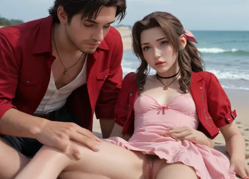 (Masterpice), (HD4K visual), (detailed background), 4K ultra-detailed image, HDR, enhancement, professional photography, precise anatomy, (perfect symmetry, 5 fingers per hand), realistic textures, maximum resolution, sharp focus, NSFW, picture, Aerith Gainsborough from Final Fantasy VII wearing a, ((long pink dress)), orgasm expression, athletic body, black and a short red jacket, hairy pussy, small breasts, perky pointed gumdrop nipples, wet clothes, laying down, legs spread, hard-core fingering herself, washed up on shore, wide shot, on a beach, waves in backgrownd, sunny, day time, sun beaming down, incase, style, ratatatat74, defaerith, braided, ponytail, hair, bow, pink, choker, necklace, cropped, jacket, red, short, sleeves, dress, long, altaerith, very, ribbons, drill, star, ballgown, bare, shoulders, strapless, plunging, neckline, a groupof 4 native American brown men, Nude native men, big brown cocks surounded, <lora:287175_training_data:1.4>, <lora:ratatatat74-000050:1.4>, <lora:aerith-xl-nvwls-v1:1.4>, <lora:add-detail-xl:2>, <lora:212877_training_data:.8>