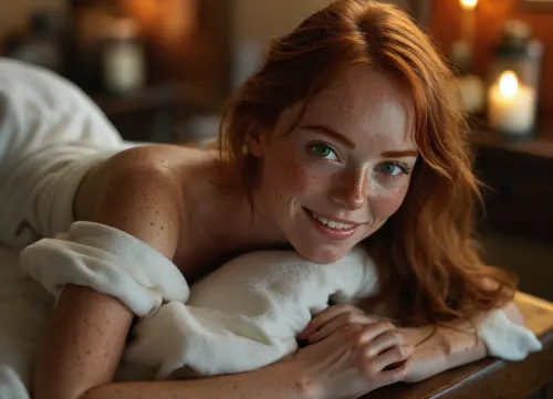 beautiful sexy very slender 33 year old woman, ((very long ginger hair)), (freckles:1.5), thick silky hair and bangs, (large realistic detailed green eyes:1.3), ((flat chested)), very pale, light tanlines, straight nose, big smile, ((perfect big square teeth)), ((perfect hands)), (((perfect fingers))), BREAK, (lying on a massage table at an elegant spa), (wearing a white robe), Sharp focus, luisap, (wide shot:1.5), view from side, (detailxl:1.3), <lora:MJ52:2>, <lora:BUT_SDXL_SHS:.3>, <lora:LPFRECKLES_lora:.8>