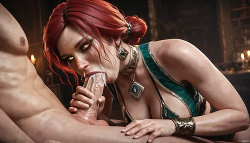 Triss Merigold from The Witcher 3. In an erotic revealing outfit. Sexy, flirting, NEGATIVE_HANDS, sexy woman, realistic female anatomy, pale female skin, masterpiece, sexy female, naughty female, kinky female, kinky and sexual positions, huge emphasis on quality details accuracy and realism in character, lusty female, lustful female, realistic physics, sexiness lust kinky sexual aroused sexual attraction ovulation sexual temptation and beauty of this female is outstanding, medium firm breasts with small areolas. Pronounced freckles. Seductive, erotic, lustful, depraved. Striptease. Sexy posing. Grace, sucking cock. deepthroat blowjob, deepthroat, cumshot