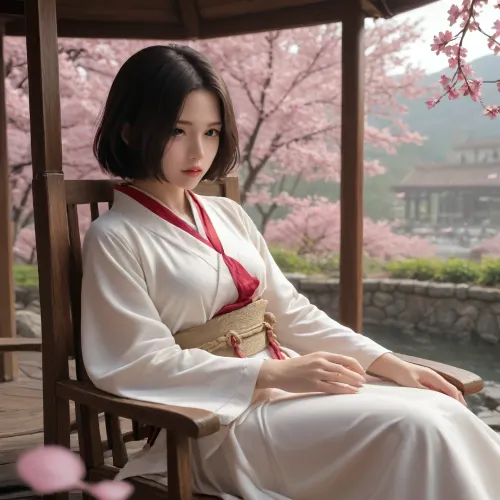 Japanese female warrior with perfect face and body, dark hair, in typical samurai uniform, sitting on an ornate wooden chair in an outdoor Japanese landscape near Mount Fuji during cherry blossom season, pink petals falling gently, with drawn samurai sword in attack-ready position held in her hands, perfect hands, perfect fingers, five fingers per hand, dynamic and elegant pose, highly detailed, realistic style, cinematic lighting, 8k resolution