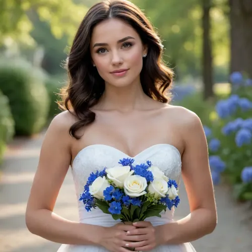The image captures a young Canadian woman dressed in an elegant, strapless white dress, suggesting a formal occasion, a wedding or a special event. She holds a small bouquet of flowers dominated by striking blue blooms, which add a vivid pop of color against her otherwise neutral attire. The blue flowers could symbolize tranquility, loyalty, or new beginnings, often associated with weddings or meaningful ceremonies.
Her dark hair is styled loosely, allowing soft curls to frame her face gently, giving her a natural, effortless beauty. She has flowers in her hair matching the bouquet she is holding. The necklace and bracelet she wears add subtle touches of sparkle and refinement, complementing her overall look. The background is somewhat blurred, which keeps the focus on her and enhances the intimate, candid feel of the photograph.
The lighting falls softly across her figure, highlighting the texture of her dress and the delicate contours of her face, evoking a sense of calm and grace. The composition and pose suggest a quiet moment of contemplation or anticipation, capturing an emotional and tender slice of a significant day. Her large breasts are barely being held in by her dress.