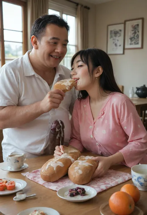 (super sticky cum splash on table and foods:1.5), (cum on foods:1.8), 18 years old Japanese girl, (55 years old Asian ugly man:1.2), (extreme super giant large massive Asian penis:1), A cheerful, (slutwife), sitting at a cozy breakfast table at home, morning light coming through the window.The girl is in sexy slutty sheer pajamas, smiling and, (feeding each other giant asian penis:1.4), (There's super sticky cum on tea, super sticky cum on bread, super sticky cum on fruit:1.5), and giant Japanese penis on the table. The scene feels fresh, intimate, and warm — a loving couple starting their day with big black penis.
