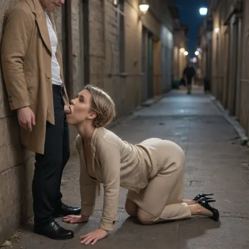 hyper photorealistic masterpiece, maximum quality, maximum details, maximum realism, russian milf, 40 years old, on street, back alley, (night), very short blonde pixie hair, (long light brown coat), (black high heels), on all fours, couple, (dressed man), blowjob, deep throat, full body view aside from afar