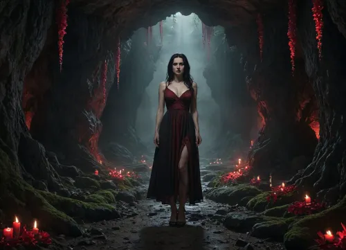 Woman. Forty years old. Large breasts. Sagging breasts. Enormous breasts. Milky breasts. Large nipples. Dark nipples. Exposed nipples. Thin waist. Narrow waist. High waist. Wide hips, big butt. White skin. Milky skin. Black hair. Long hair. Big eyes. Red eyes. Woman in a dress. Torn dress. Dress with holes. Knee-length dress, full at the bottom, black and red, deep neckline, protruding breasts. Witch. Woman standing, legs apart, arms outstretched. Woman deep in a cave. Woman in the distance. Woman in the background. Large cave. Lots of space. Gloomy cave. Stalactites in the cave. The cave is full of moss and glowing flowers. Red flowers. Purple flowers. White flowers. Candles in the cave. Floating lights. Lots of lights., Dark, dreams, Eerie, reality, Horror, Darkness, <lora:DDXL:.8>