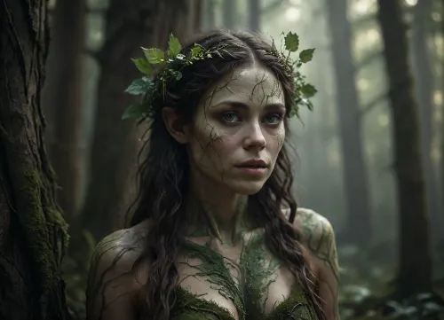 Realistic fantasy portrait of a dryad, a spirit of the forest. Her body is covered with natural bark patterns that look like a second skin — smooth, flexible, and seamlessly grown from her form. Subtle lines of moss and veins of green light run beneath the surface, giving her a living, organic appearance. Her eyes reflect forest light, and her hair flows like fine roots mixed with leaves. The background shows a softly lit woodland filled with warm golden rays. SFW, fine art concept art, cinematic realism, detailed textures, serene expression, nature spirit theme., Dark, dreams, Eerie, reality, Horror, Darkness, <lora:DDXL:.8>