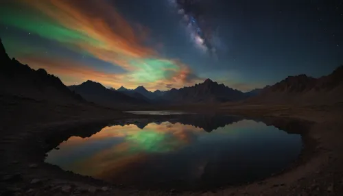 space dream, (((iris, fractal mirror sky))), ufo, unreal dramatic dark blue, green, yellow clouds of gas, no limits, 4d makro, Sharp mountains, big lake of plasma, spiral galaxy in the sky, high mountains, the height of the mountains is 20 kilometers, huge sharp stones, blue and orange plasma slowly flows from the mountains, glow plasma streams, huge Jupiter with moons, several moons, galaxy, bright stars, dramatic sky, huge crater, rocky field, sharp mountains, there is no one around, no girls, no people, no animals