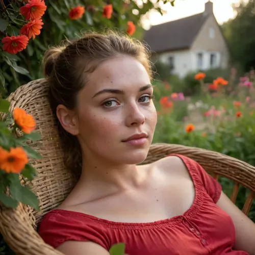 A beautiful English woman, lays asleep on her side on a round wicker chair, she is sideways in the picture frame, horizontal, facing the camera, in a beautiful cottage garden, dripping with bright flowers, thatched cottage in the background, all bathed in the warm golden hues of a breathtaking sunset, (perfect face:1.5), (perfect nose), wearing a red short sleevedT-shirt, fully clothed, gentle sunset light filter through the leaves, visible freckles, very freckleld. sun-kissed skin, looking at the camera. hair pulled back into a short, ponytail, slicked back hair. Very sweaty, the sunset makes her skin glimmer, suntan lines visible. Hollywood’A lister’ looks. Sun kissed face., hint of a smile, Detailed face and eyes., Extreme close up of her face, <lora:Midjourney Image Enhancer XL v1:1.5>, <lora:bralessSDXL_v1_00022:1>, <lora:lora-sdxl-perfect-eyes:2>